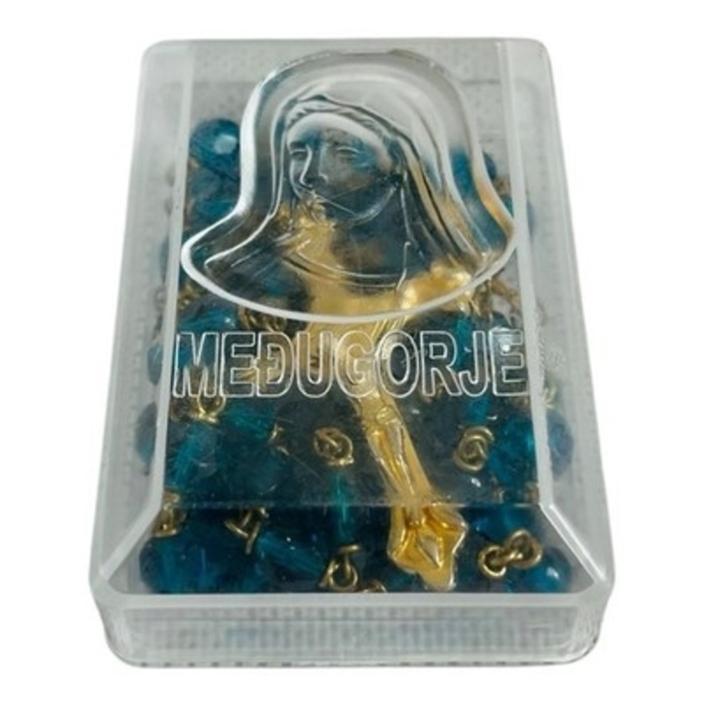Vintage Medugorje Turquoise Glass Bead Rosary Necklace Gold Tone Crucifix NIB - Picture 2 of 4